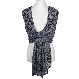 Cejon Black and Gray Textured Wrap One Size Sheer Scarf with Black Leaf Pattern